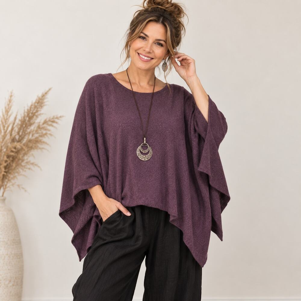 Joie Women 100% Cashmere 2-Ply Poncho Sweater Plum Lagenlook Oversized Luxury